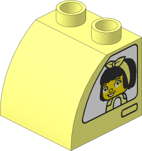 Duplo Brick  2 x  2 x  1.5 with Curved Front with Boy with Cap, Girl with Bow, and White Vehicle Windows Pattern