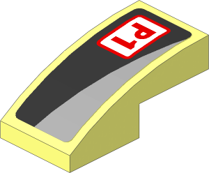 Slope Brick Curved  2 x  1 with Red "P1" and Grey Triangle on Black Background Right Sticker