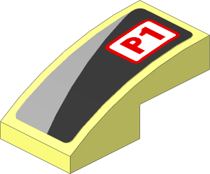 Slope Brick Curved  2 x  1 with Red "P1" and Grey Triangle on Black Background Left Sticker