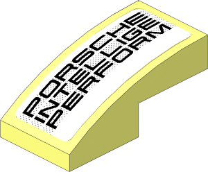 Slope Brick Curved  2 x  1 with Black "PORSCHE INTELLIGE PERFORM" on Black Halftone Stripes on White Background Sticker