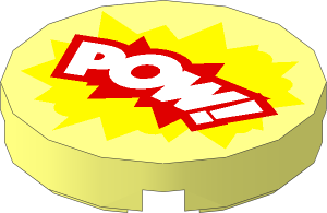 Tile  2 x  2 Round with Round Underside Stud with White "POW!" on Red and Yellow Burst Cloud Pattern