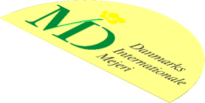Sticker  1.9 x  3.8 Semicircular with MD Foods Logo and "Danmarks Internationale Mejeri"
