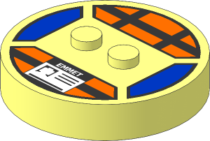 Brick  4 x  4 x  0.667 Round with RFID Tag and  2 Studs with Reflective Stripes and ID Badge with "EMMET" Pattern