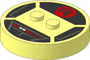 Brick  4 x  4 x  0.667 Round with RFID Tag and  2 Studs with Dark Bluish Grey Panel Lines, Red and White Lights and Knight Rider Symbol Pattern