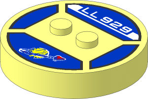~Electric Brick  4 x  4 x  0.667 Round - Top with  2 Studs with White "LL 929" and Faded Classic Space Logo Pattern
