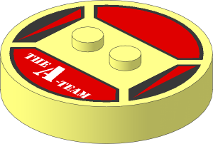 ~Electric Brick  4 x  4 x  0.667 Round - Top with  2 Studs with Red Stripes and White "The A-Team" Pattern