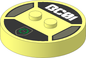 ~Electric Brick  4 x  4 x  0.667 Round - Top with  2 Studs with White "BC01" and Badge with Minifig Head Pattern