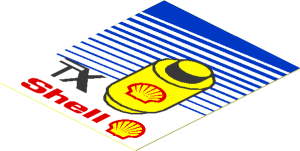 Sticker  2.3 x  1.9 with Yellow Round Brick, "TX Shell", Shell Logo and Striped Background