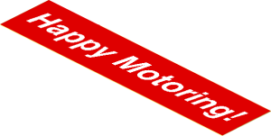 Sticker  1.3 x  5.9 with White "Happy Motoring!" on Red Background