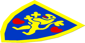 Sticker Minifig Shield Triangular with Yellow Standing Lion and Two Hearts