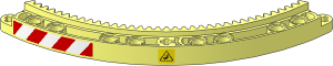 Technic Gear Ring Quarter 11 x 11 with 35 Teeth with Crushing Hazard Danger Sign on Yellow Background and Red and White Danger Stripes Leaning Left Stickers