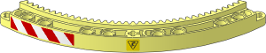 Technic Gear Ring Quarter 11 x 11 with 35 Teeth with Crushing Hazard Danger Sign on Yellow Background and Red and White Danger Stripes Leaning Right Stickers