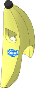 Minifig Headdress Banana with Black Ends and White "BANANA" on Medium Blue Patch Pattern