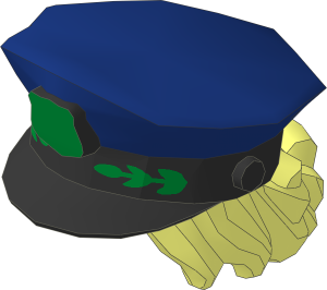 Minifig Police Hat Dark Blue with Hair Pulled Into Bun with Metallic Gold Badge and Laurel on Black Visor Pattern