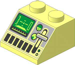 Slope Brick 45  2 x  2 with Green Control Screen, Gauges, Light Bluish Grey Lever and Silver Buttons Pattern