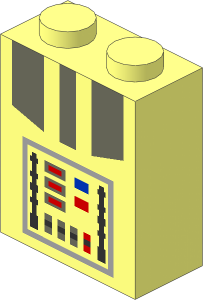 Brick  1 x  2 x  2 with Dark Bluish Grey Armour and Control Panel with Red and Blue Buttons Pattern