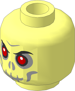 Minifig Head Skull Evil with Dark Bluish Grey around Eyes, Black Mouth and Nose and Light Bluish Grey Facial Lines with Scowl Pattern