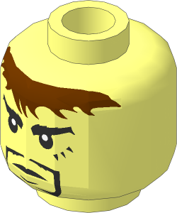 Minifig Head with White Pupils, Black Ringbeard, Brown Messy Hair and  3 Marks Below Left Eye Pattern
