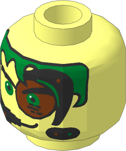 Minifig Head with Insectoids Green Hair, Metallic Copper Eyepiece and Headset Pattern