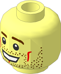 Minifig Head with Reddish Brown Eyebrows, Open Mouth Smile, Stubble, White Pupils Pattern