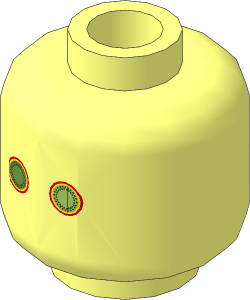 Minifig Head with Bright Light Yellow Eyes, Black Dots, Red and Yellow Rim Pattern