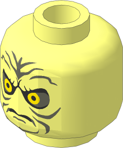 Minifig Head with SW Yellow Eyes, Black Eyebrows and Dark Bluish Grey Wrinkles Pattern