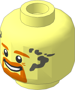 Minifig Head with Dark Orange Eyebrows, Goatee, Moustache and Dark Bluish Grey Soot Marks Pattern
