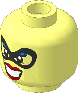 Minifig Head Female with Black Mask, Bright Blue Eye Shadow, Red Lips and Smile / Bare Teeth 2-Sided Pattern