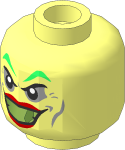 Minifig Head with Bright Green Eyebrows, Red Lips and Wide Smile Pattern