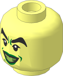 Minifig Head Female with Black Thick Eyebrows, Green Lips, Open Smile with Bright Light Yellow Teeth Pattern