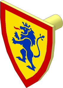 Minifig Shield Triangular with Blue Lion Standing with Raised Foot on Yellow Background with Red Border Pattern