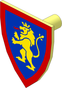 Minifig Shield Triangular with Yellow Lion Standing with Raised Foot on Blue Background with Red Border Pattern