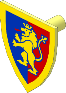 Minifig Shield Triangular with Yellow Lion with Raised Foot on Blue and Red Background with Border Pattern