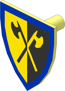 Minifig Shield Triangular with Yellow and Black Crossed Halberds and Blue Border Pattern