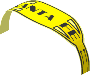 Sticker  1.9 x  8.9 Elliptical with Rectangular Extensions with Black "SANTA FE" on Yellow Background and Black Outlines (Formed)