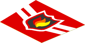 Sticker  2.1 x  2.6 Trapezoid with Fire Logo Badge and Two White Chevrons