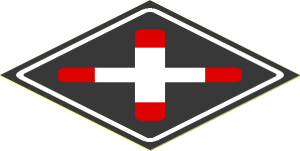 Sticker  1.8 x  1.8 with White St. Andrews Cross with Red Tips in White Frame on Black Background