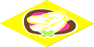 Sticker  1.9 x  1.9 with Lime Cross and Horse Head in Medium Azure Heart on Medium Lavender Background