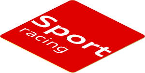 Sticker  1.8 x  1.8 with White "Sport racing" Text on Red Background