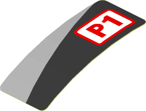 Sticker  1.9 x  0.8 with Red "P1" and Grey Triangle on Black Background Left (Formed)