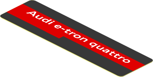 Sticker  0.8 x  5.8 with Red Stripe with "Audi e-tron quattro" White Text on Black Background Left