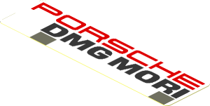 Sticker  1.0 x  3.8 with Red "PORSCHE" and Black "DMG MORI" and Dark Grey Squares on White Background Right