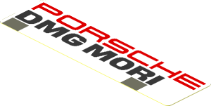 Sticker  1.0 x  3.8 with Red "PORSCHE" and Black "DMG MORI" and Dark Grey Squares on White Background Left