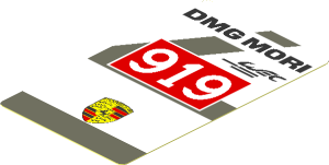 Sticker  3.0 x  1.8 with Black "DMG MORI" and White "919" in Red Frame and Dark Grey Lines on White Background