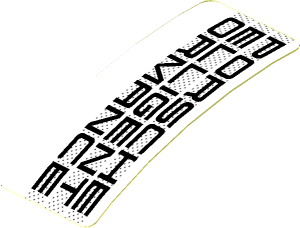 Sticker  0.8 x  1.9 with Black "PORSCHE ELLIGENT ORMANCE" on Black Halftone Stripes on White Background (Needs Work) (Formed)