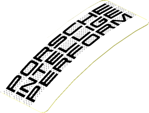 Sticker  0.8 x  1.9 with Black "PORSCHE INTELLIGE PERFORM" on Black Halftone Stripes on White Background (Needs Work) (Formed)