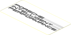 Sticker  1.8 x  3.8 with Black "PORSCHE INTELLIGENT PERFORMANCE" on Black Halftone Stripes on White Background (Needs Work)