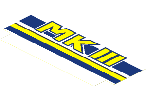 Sticker  4.3 x  6.8 Trapezium with Yellow "MKIII", Dark Blue and Yellow Stripes Sloped Right