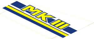 Sticker  4.3 x  6.8 Trapezium with Yellow "MKIII", Dark Blue and Yellow Stripes Sloped Left