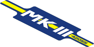 Sticker  2.7 x 10.7 with White "MK III", Black "42055" over Yellow Stripe on Dark Blue Background